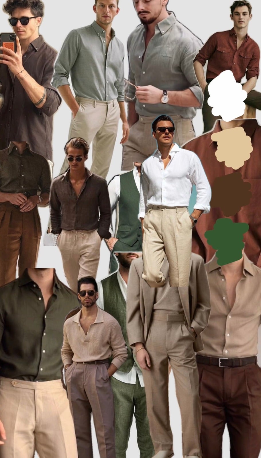 Men's outfit inspiration: suits, shirts and trousers in green, brown, beige and cream