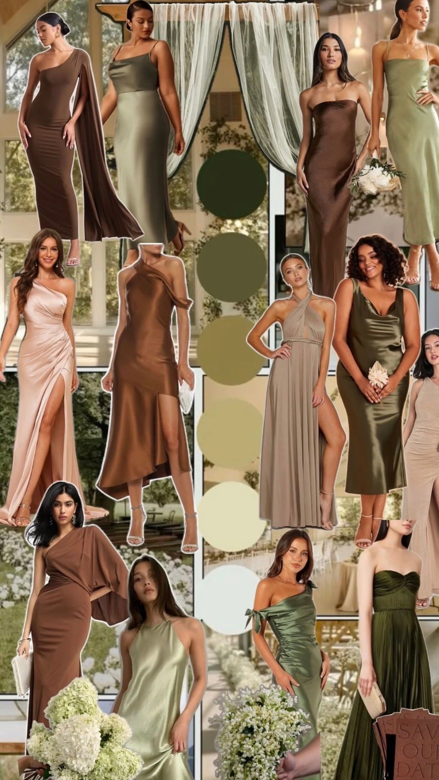 Women's outfit inspiration: long formal dresses in green, brown, taupe, beige and cream